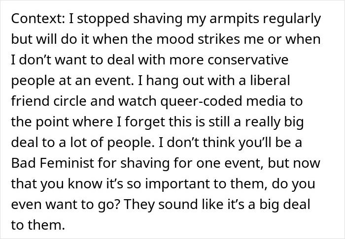 Woman explains stopping shaving armpits amid discomfort from bride and groom viewing hairy armpits as personal insult. Woman explains stopping shaving armpits amid discomfort from bride and groom viewing hairy armpits as personal insult.