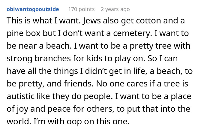 Screenshot of a Reddit comment about choosing a simple alternative to a funeral and sharing personal wishes and reflections. Screenshot of a Reddit comment about choosing a simple alternative to a funeral and sharing personal wishes and reflections.