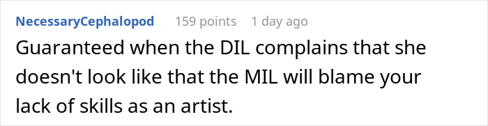 Comment about MIL’s plan to make bride look ugly in wedding illustration backfiring as artist reacts to unrealistic demands.