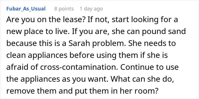 Comment on a forum discussing a person refusing to follow roommate&rsquo;s strict vegan kitchen rules and being called selfish.
