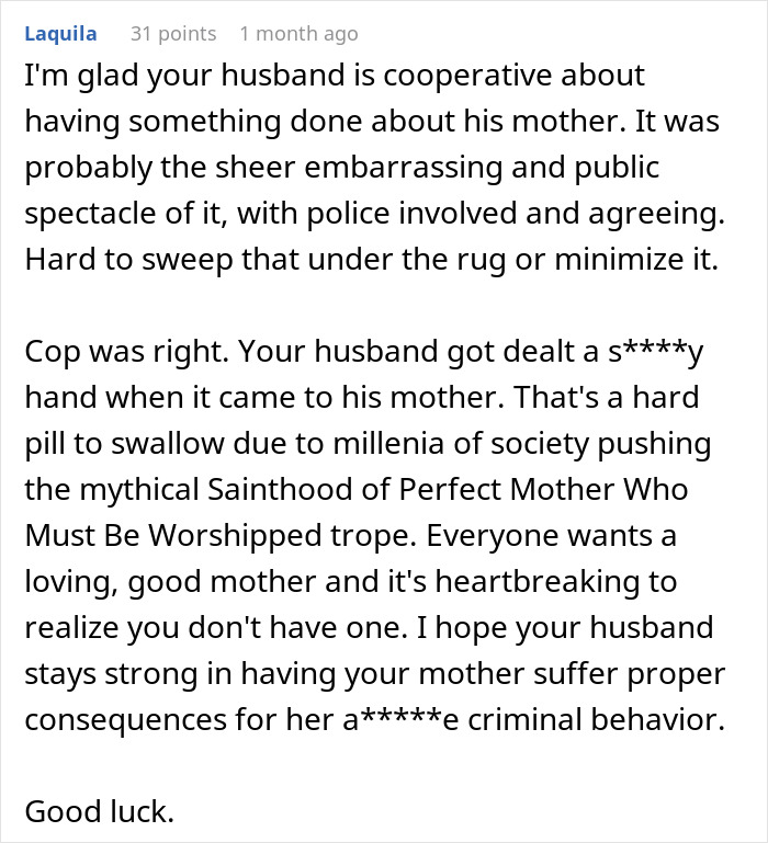 Comment text on a black and white background discussing restraining order against MIL after 29 years of marriage.
