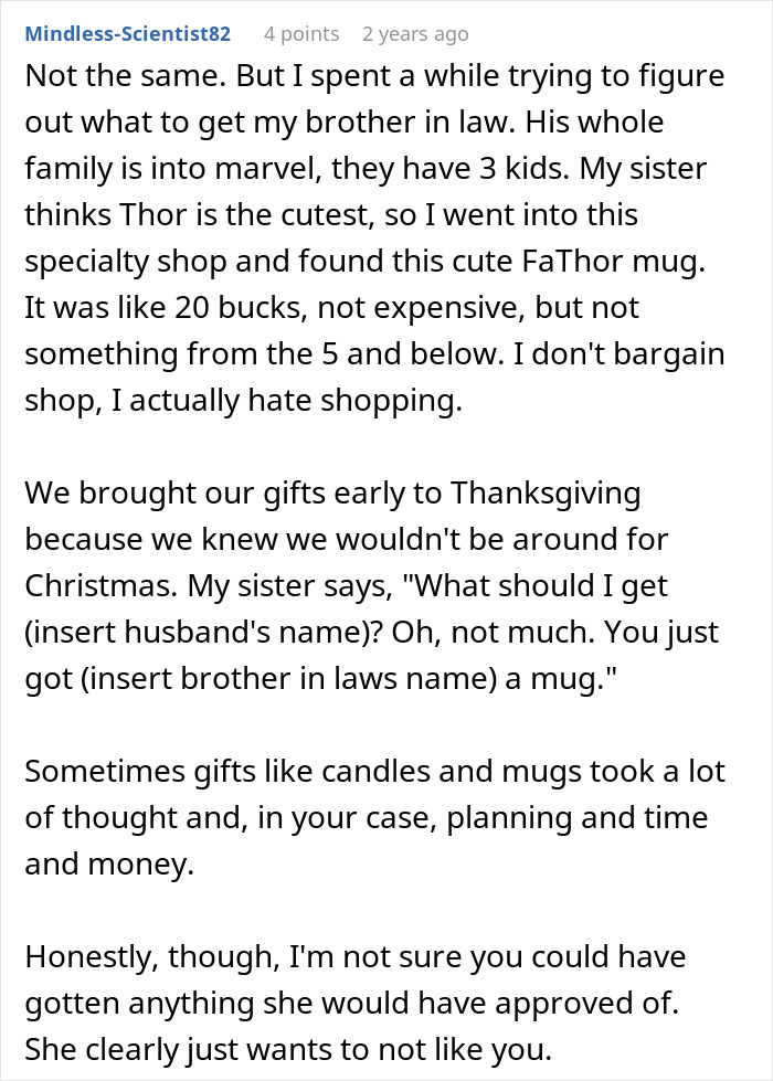 Text post from a user discussing gift-giving issues with woman upset son’s partner bringing gifts despite requests. Text post from a user discussing gift-giving issues with woman upset son’s partner bringing gifts despite requests.