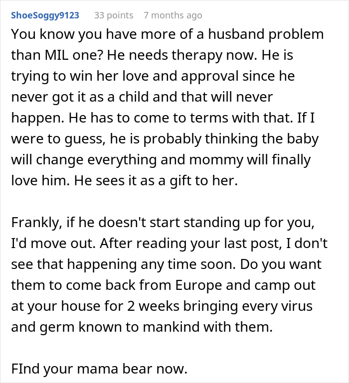 Comment discussing husband’s struggle to stand up to his mother and wife considering walking away from the situation.