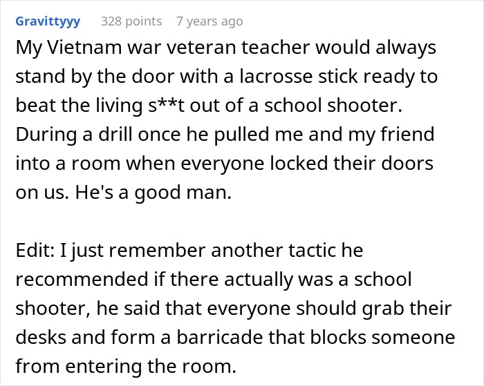 Alt text: Tip on mass shooting survival showing a veteran teacher’s advice to barricade doors and be prepared in emergencies Alt text: Tip on mass shooting survival showing a veteran teacher’s advice to barricade doors and be prepared in emergencies