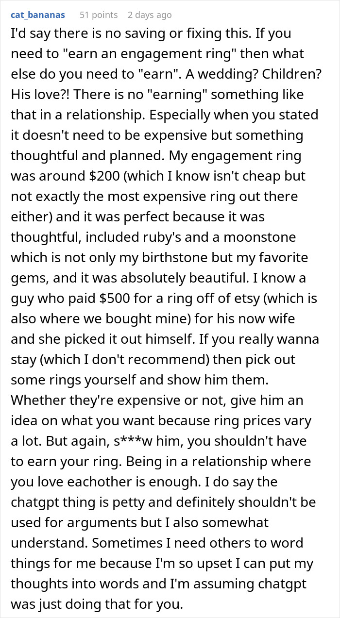 Commenter discussing opinions on earning an engagement ring in a long-term relationship and thoughtful ring choices.