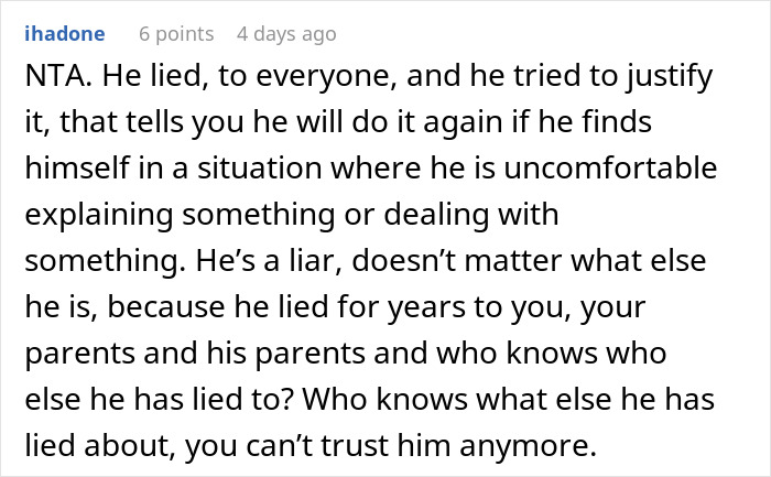 Screenshot of online forum post discussing a woman rethinking her engagement after fiancé’s family lie at holiday dinner.