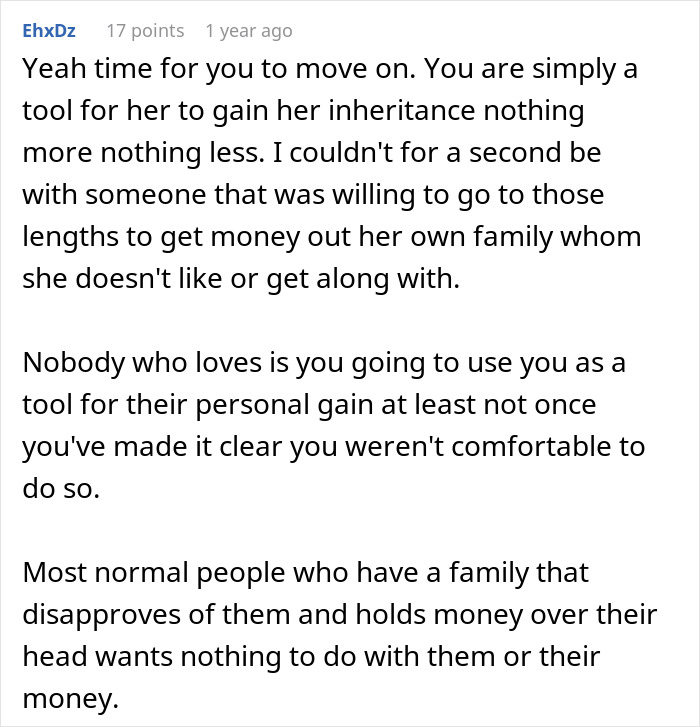 Comment discussing relationship issues and feeling pressured to lie about career, reflecting doubts about doomed relationship.