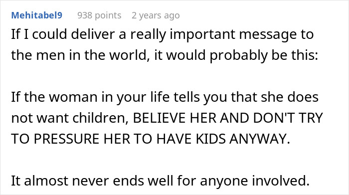 Screenshot of a Reddit comment emphasizing respecting a woman&rsquo;s choice not to have children and avoiding pressure to have kids.