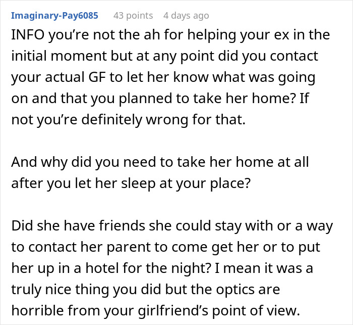Comment discussing a guy going above and beyond for his ex and his current partner being upset about it. Comment discussing a guy going above and beyond for his ex and his current partner being upset about it.