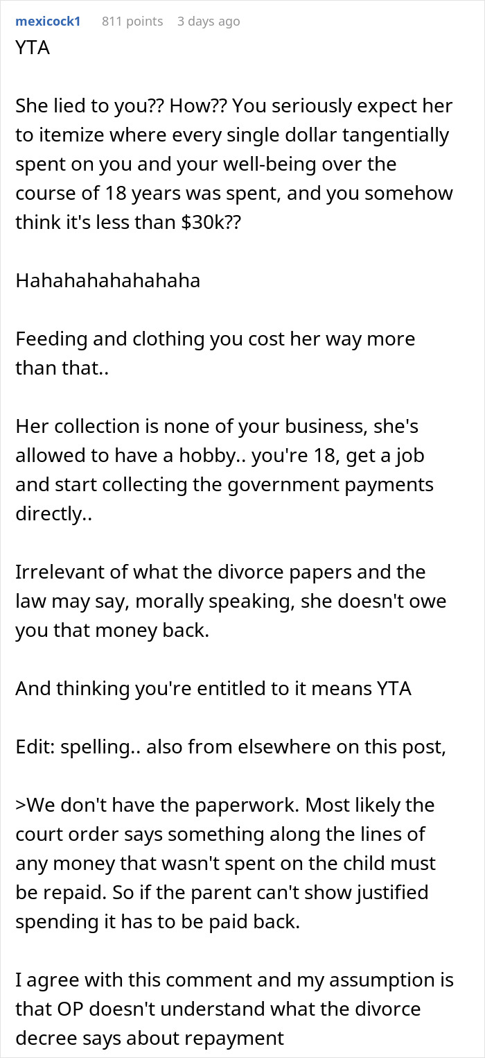 Reddit comment discussing teen wondering about $30k and vague answers from mom in an online debate about money and entitlement.