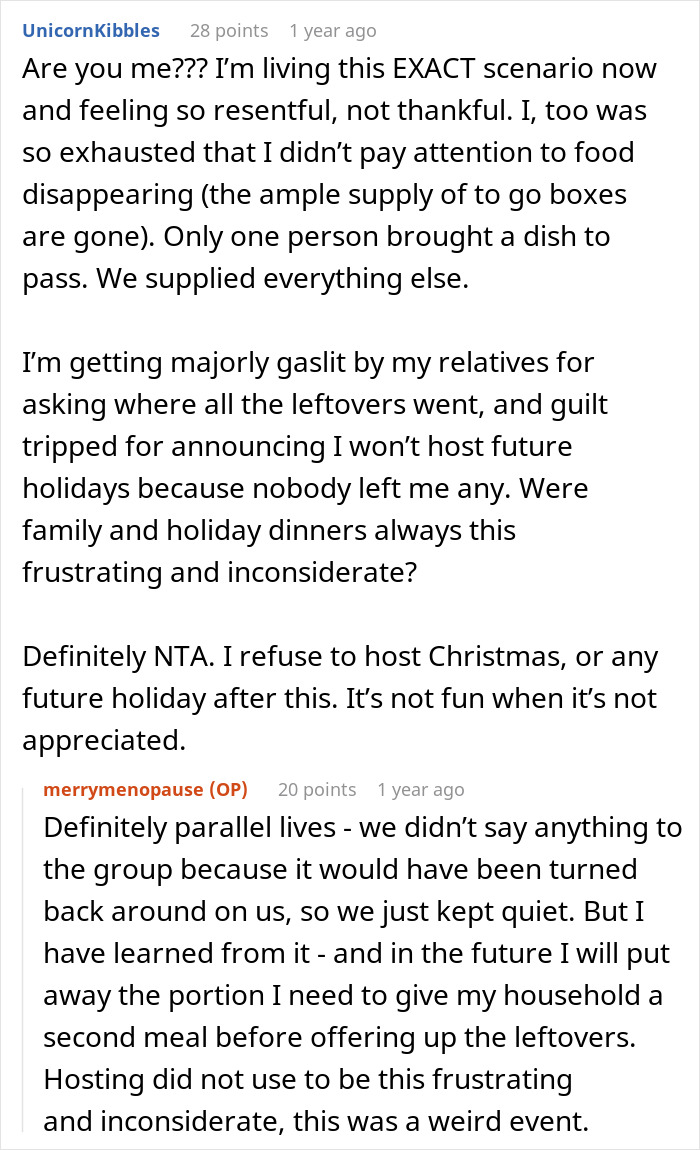 Excerpt of a Reddit conversation about Thanksgiving host left with empty fridge after family clears leftovers.