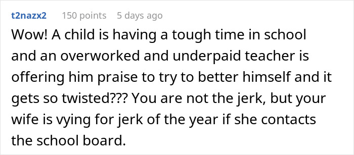 Screenshot of a forum comment discussing a mom furious over teacher's inappropriate note to her son and a dad's opposing view. Screenshot of a forum comment discussing a mom furious over teacher's inappropriate note to her son and a dad's opposing view.