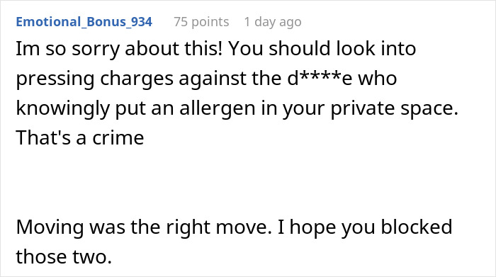 Reddit comment expressing sympathy after roommate allegedly exposed to grass allergen in pillow to prove allergy claim.