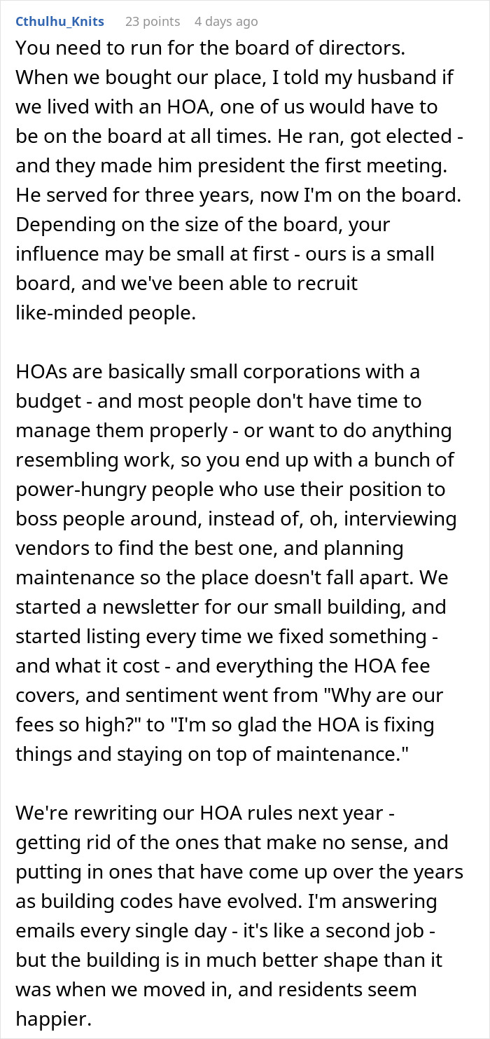 Comment discussing HOA board experience and challenges managing HOA rules and maintenance in a small community.