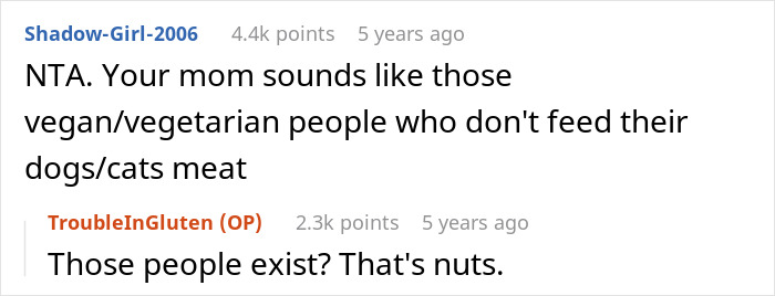 Reddit conversation discussing parents lied about allergies relating to vegan and vegetarian pet diets. Reddit conversation discussing parents lied about allergies relating to vegan and vegetarian pet diets.