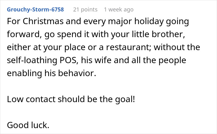 Comment on a forum about woman&rsquo;s confrontation with BIL during Thanksgiving over brother&rsquo;s mistreatment and advice on low contact.