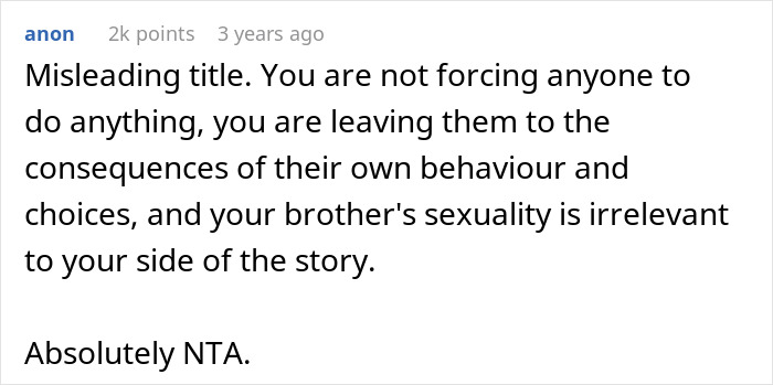 Reddit comment defending a person as not at fault over family issues involving a gay brother and parental disowning.