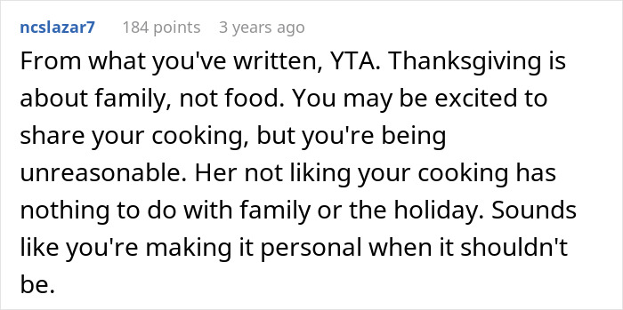 Reddit comment discussing Thanksgiving family dynamics with picky-eater MIL bringing her own food, causing tension with DIL. Reddit comment discussing Thanksgiving family dynamics with picky-eater MIL bringing her own food, causing tension with DIL.