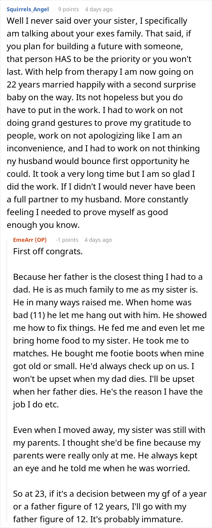 Comment discussing a guy going above and beyond for his ex girlfriend and current partner's reaction in an online forum.
