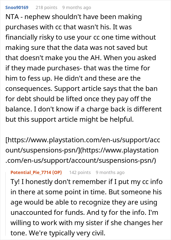 Online discussion about delivering karma to an entitled nephew who used a credit card for game purchases.