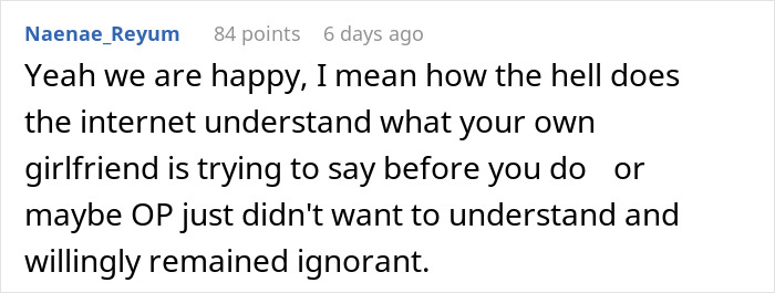 Comment text expressing confusion about understanding a girlfriend, highlighting upset and obsessed couple dynamics.