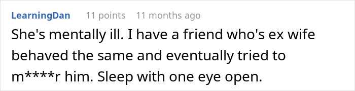 Screenshot of a comment discussing mental illness and distrust related to a wife's behavior after a divorce.