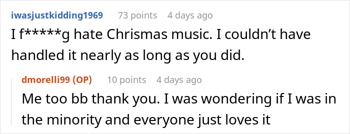 Reddit conversation about frustration with Christmas music blasting in the office, revealing strong coworker reactions and stress.
