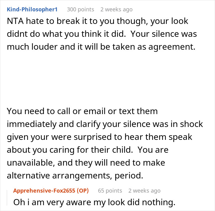 Comment exchange about a couple not sacrificing gym time or aunt&rsquo;s hobbies while babysitting their child.