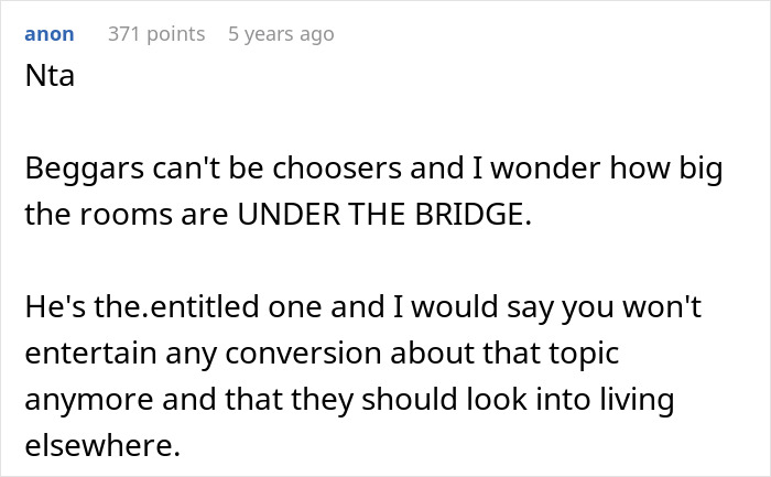Screenshot of a Reddit comment discussing entitled behavior during a family help situation involving a woman and her brother.