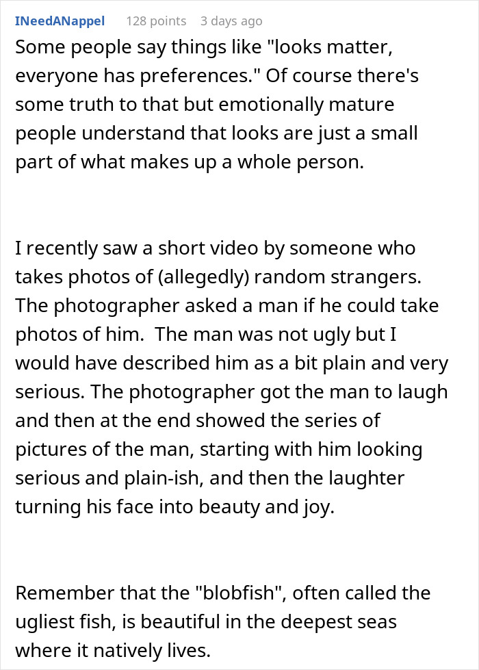 Text post discussing emotional maturity about appearance and a photographer capturing beauty and joy in photos of a plain man. Text post discussing emotional maturity about appearance and a photographer capturing beauty and joy in photos of a plain man.