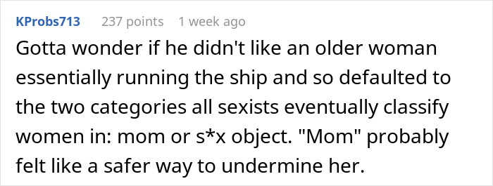 Comment discussing a woman feeling weirded out as a coworker insists on calling her work mom and its sexist implications.