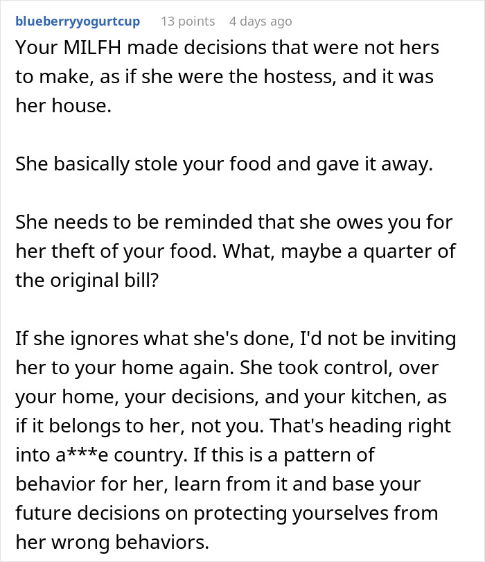 Text conversation about a couple hosting an expensive Thanksgiving dinner and leftover food being taken without permission. Text conversation about a couple hosting an expensive Thanksgiving dinner and leftover food being taken without permission.