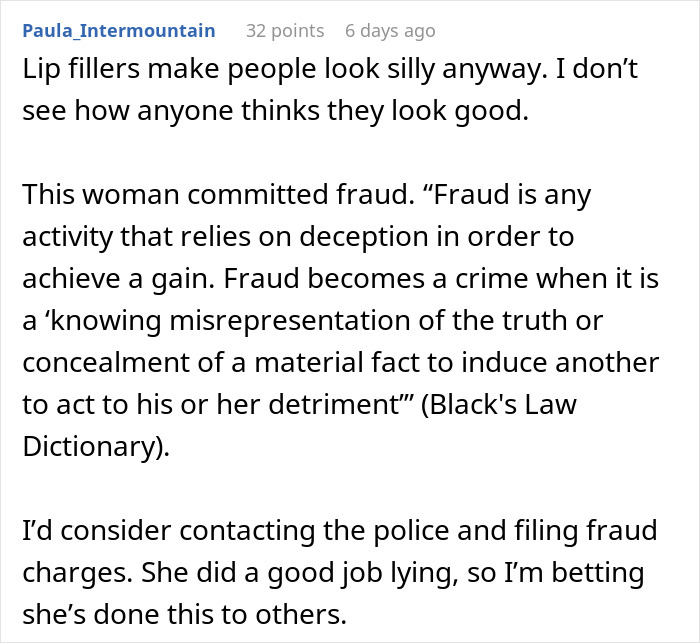 Comment discussing fraud and deception related to a makeup artist pretending to be sick on wedding day.