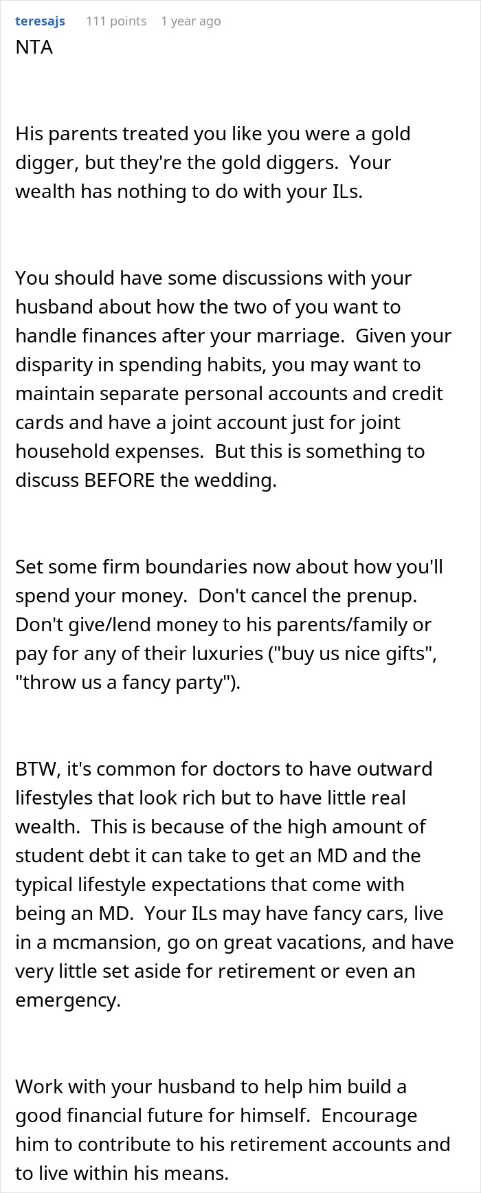 Screenshot of online advice discussing future in-laws demanding a prenup and reactions after learning about woman's wealthy family background. Screenshot of online advice discussing future in-laws demanding a prenup and reactions after learning about woman's wealthy family background.