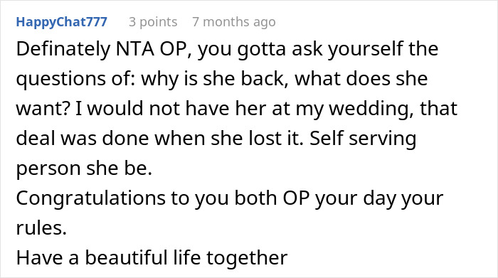 Comment discussing a bio mom&rsquo;s upset reaction after daughter honors dad&rsquo;s bestie as mom at her wedding.