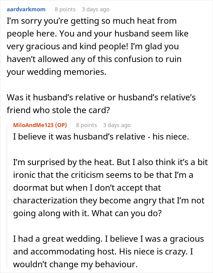 Reddit comments discussing an uninvited guest treating a wedding night like a sleepover and being kicked out by bride and groom.