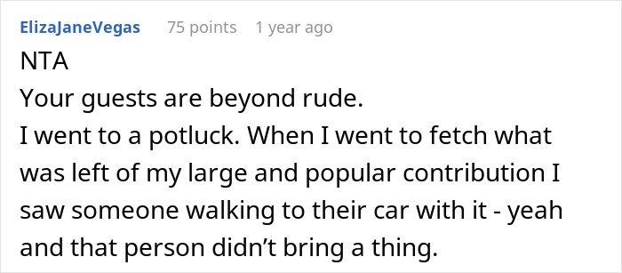 User comment in a text post, expressing shock and frustration about rude guests at a potluck clearing all leftovers.
