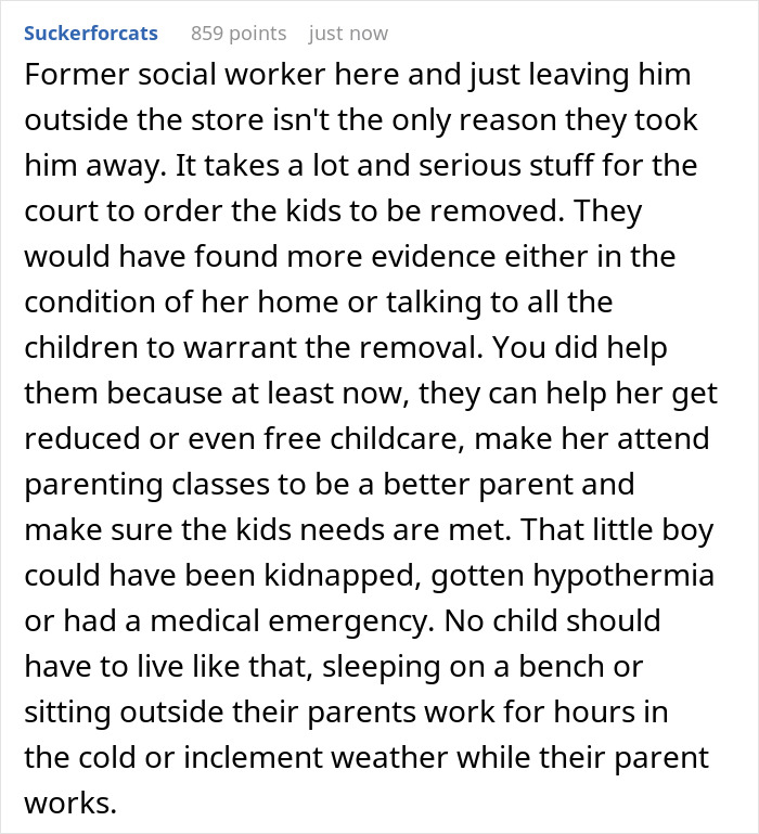 Comment from former social worker explaining CPS intervention and child safety after coworker&rsquo;s 9-year-old left outside store.