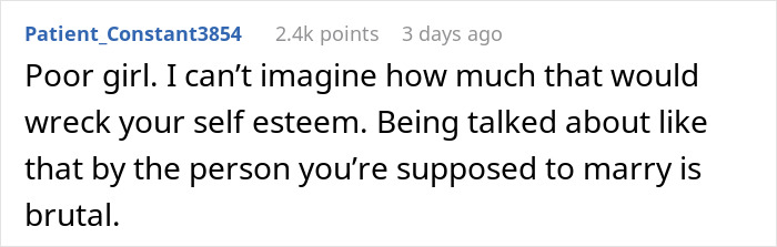 Comment about woman finding secret texts of fiancé complaining about her appearance and wedding photo worries. Comment about woman finding secret texts of fiancé complaining about her appearance and wedding photo worries.