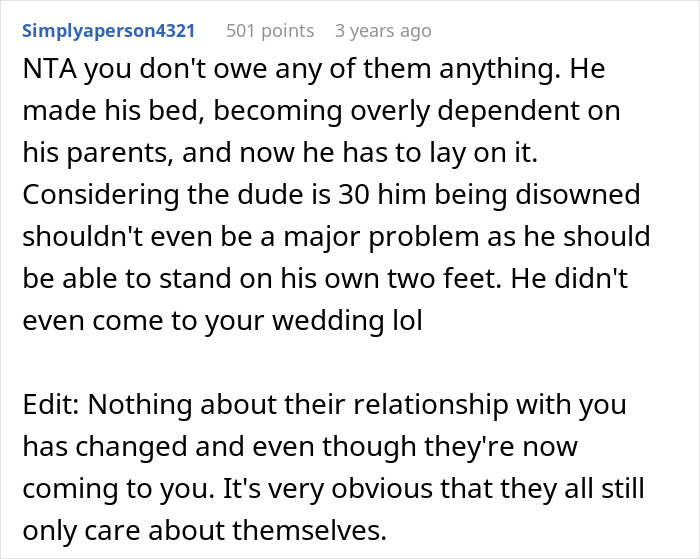 Comment discussing a gay brother's dependence and parents disowning him after years of treating his sister poorly.