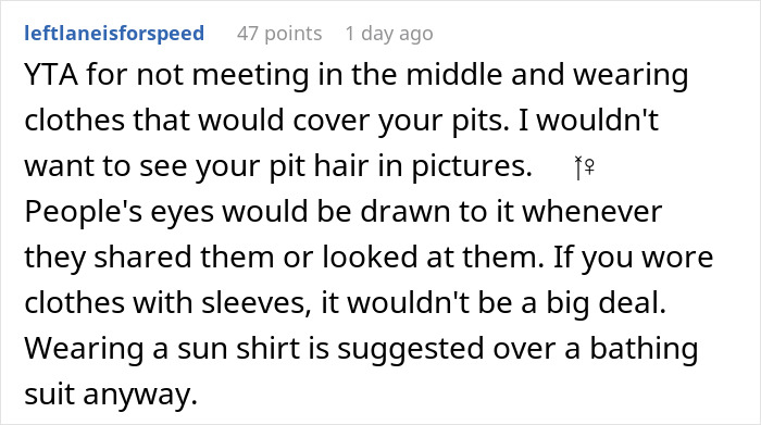 Comment discussing hairy armpits as a personal insult causing discomfort for guests at a bride and groom's event. Comment discussing hairy armpits as a personal insult causing discomfort for guests at a bride and groom's event.
