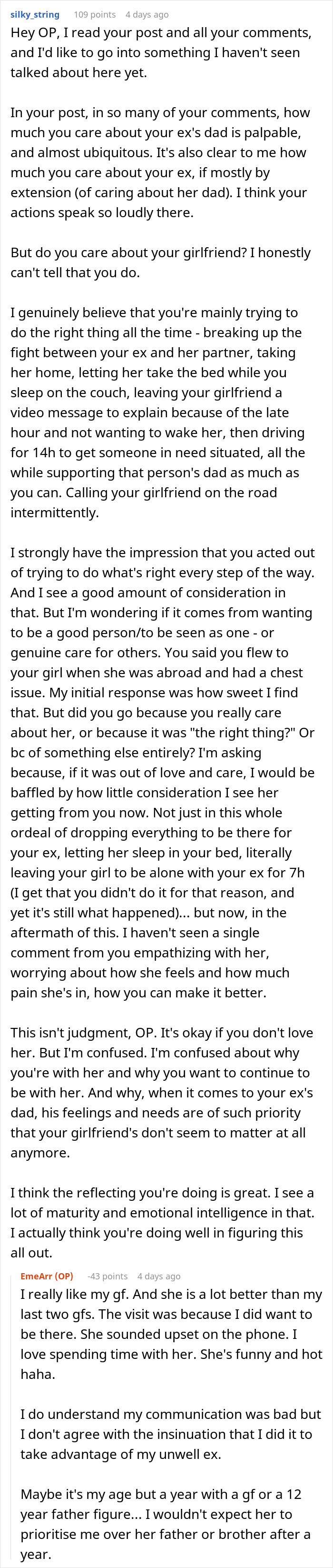 Man explains going above and beyond for his ex, confused why his current partner feels upset about it. Man explains going above and beyond for his ex, confused why his current partner feels upset about it.