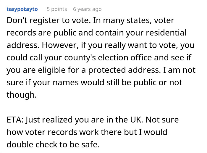 Comment discussing concerns about public voter records and protecting residential addresses in relation to unhinged MIL and revengeful DIL promotion. Comment discussing concerns about public voter records and protecting residential addresses in relation to unhinged MIL and revengeful DIL promotion.