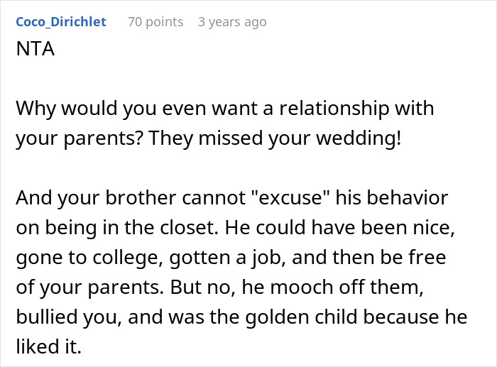 Comment criticizing a gay brother who treated his sister poorly and later complains about being disowned by parents.