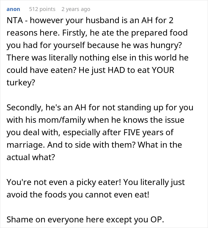 Comment discussing husband and family conflicts over woman being a picky eater with allergies and lack of support. Comment discussing husband and family conflicts over woman being a picky eater with allergies and lack of support.