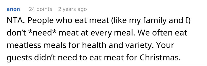 Comment discussing family reactions to vegetarian Christmas meals without ham, highlighting meatless meal acceptance and variety. Comment discussing family reactions to vegetarian Christmas meals without ham, highlighting meatless meal acceptance and variety.