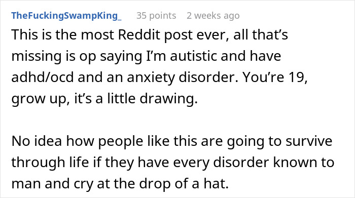 Reddit comment criticizing reaction to dad fixing 19-year-old daughter's first real drawing out of fun.