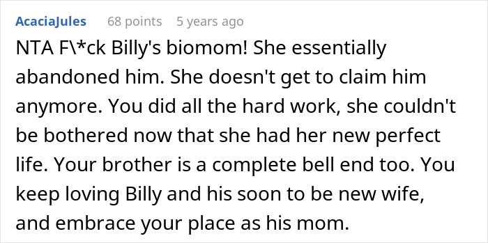 Screenshot of an online comment discussing a woman letting her nephew call her mom, angering his biological mother. Screenshot of an online comment discussing a woman letting her nephew call her mom, angering his biological mother.