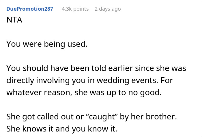 Screenshot of a Reddit comment discussing being used during a wedding dress shopping trip and friendship issues.