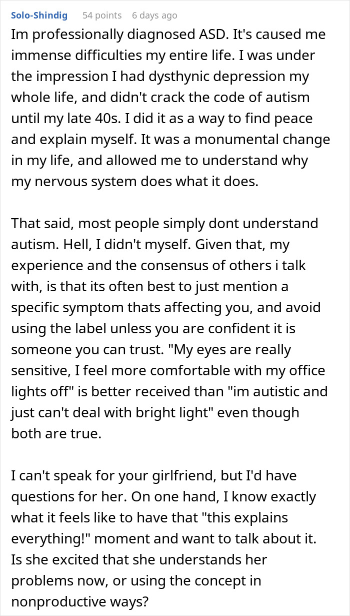 Text post discussing challenges and perspectives on professionally diagnosed autism and self-diagnosed behavior excuses. Text post discussing challenges and perspectives on professionally diagnosed autism and self-diagnosed behavior excuses.